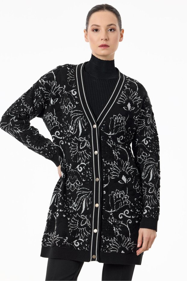 Floral Print Embossed Knitwear Cardigan Black-Grey