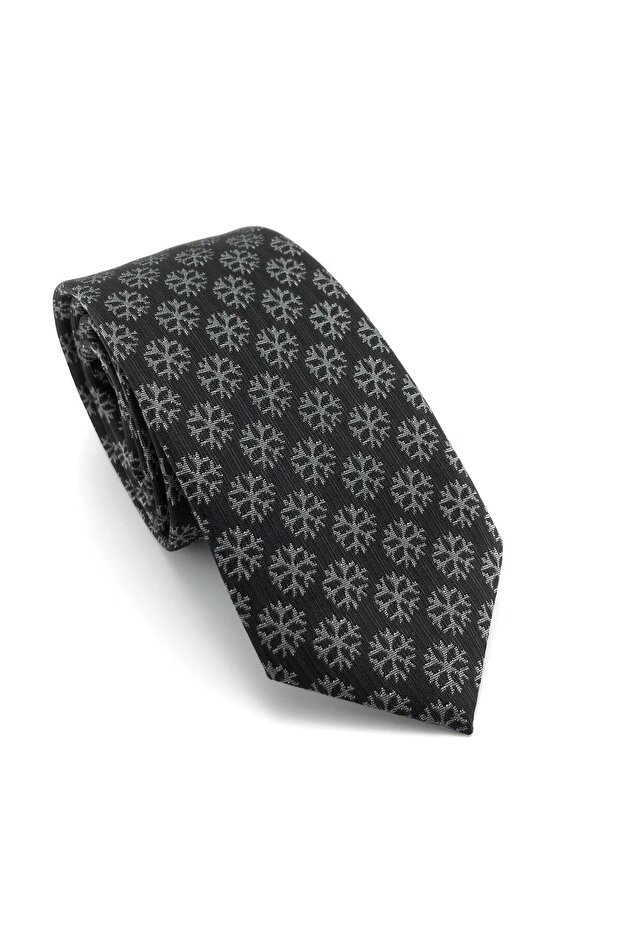 Black Gray Patterned Slim Tie - 1