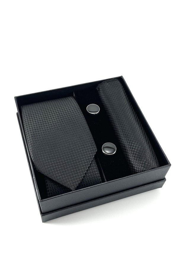 Black Patterned Tie Handkerchief Cufflinks Special Set