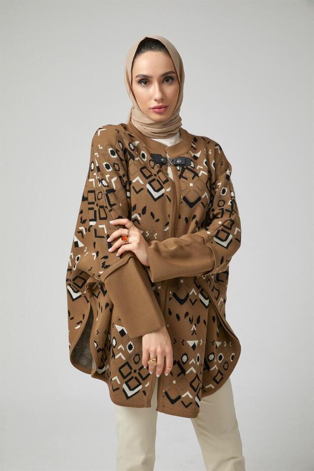Kadın Bej Etnik Örgü Panço - 1