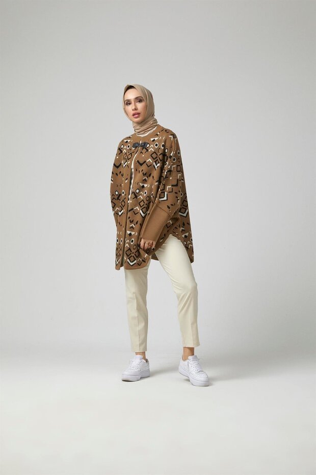 Kadın Bej Etnik Örgü Panço - 2