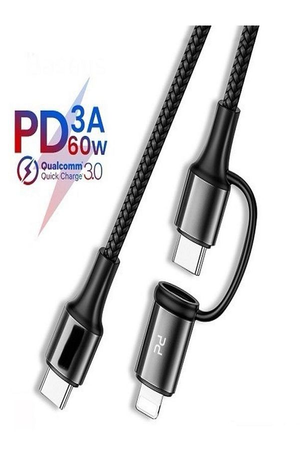2in1 3a 1.2metre 60w Type-c 20w Lightning - 480 Mbps Örgü Pd Hızlı Şarj/data Kablosu - 1