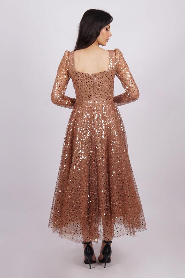 Bakır Yaka Pullu Abiye Elbise - 5