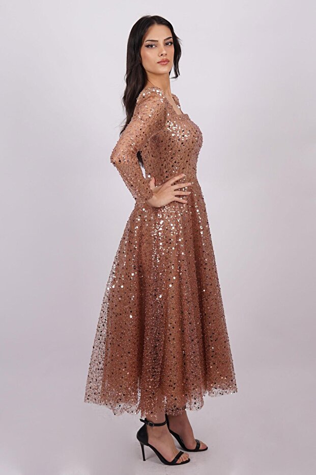 Bakır Yaka Pullu Abiye Elbise - 4