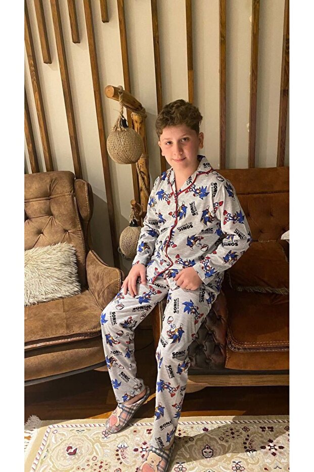 Sonic Printed Front Buttoned Boys' Pajamas Set - 1
