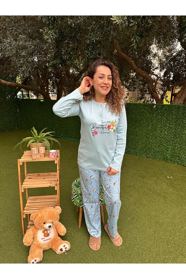 Çiçek Desenli Uyku Bantlı Pijama Takımı Mavi - 2