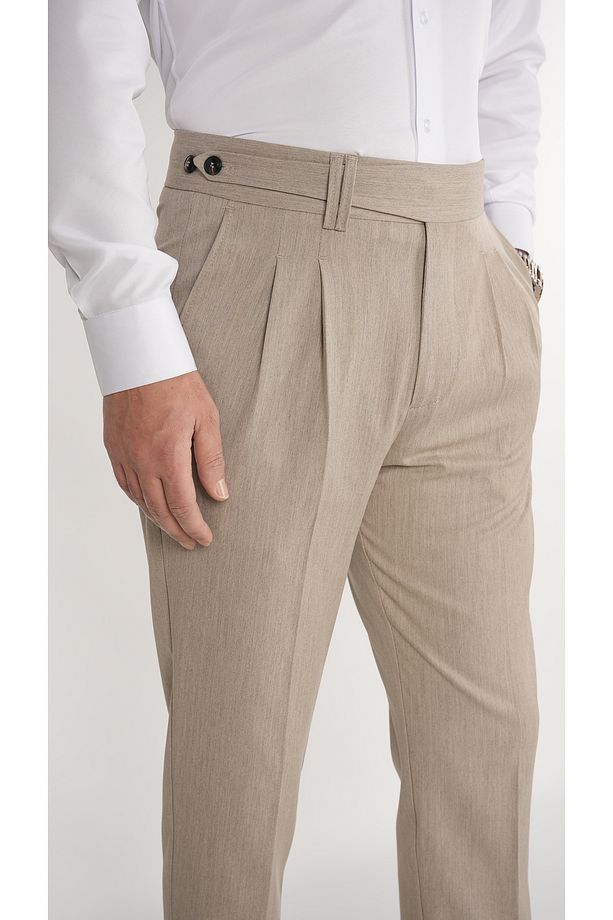 Erkek Regular Fit Yüksek Bel Piliseli Kumaş Pantolon-Krem - 3