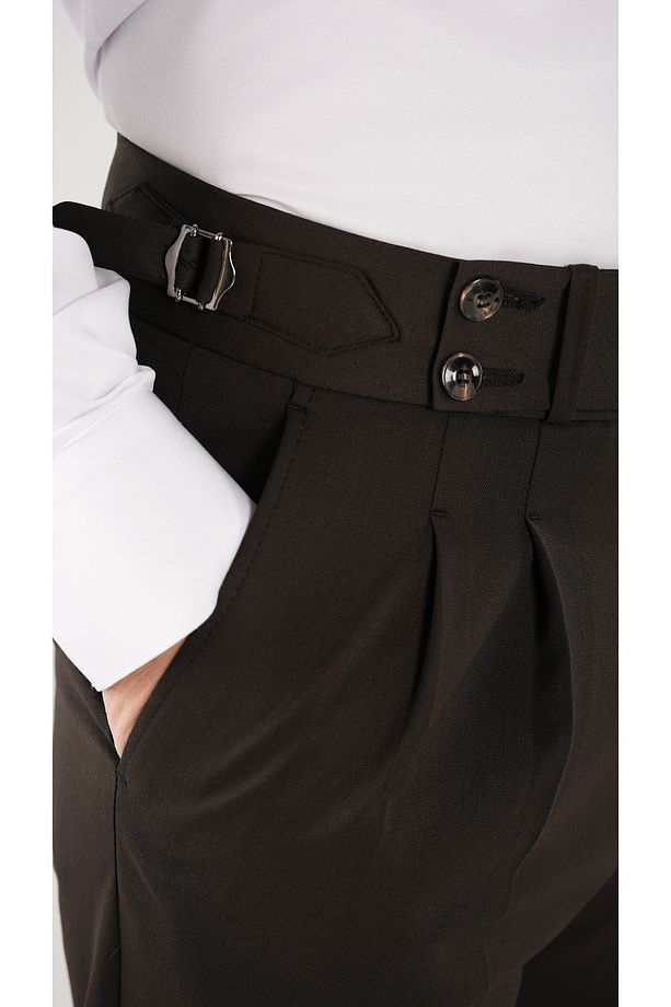 Erkek Regular Fit Yüksek Bel Piliseli Tokalı Kumaş Pantolon-Acı Kahve - 4
