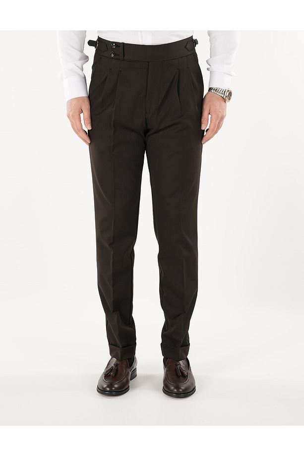 Erkek Regular Fit Yüksek Bel Piliseli Tokalı Kumaş Pantolon-Acı Kahve - 1