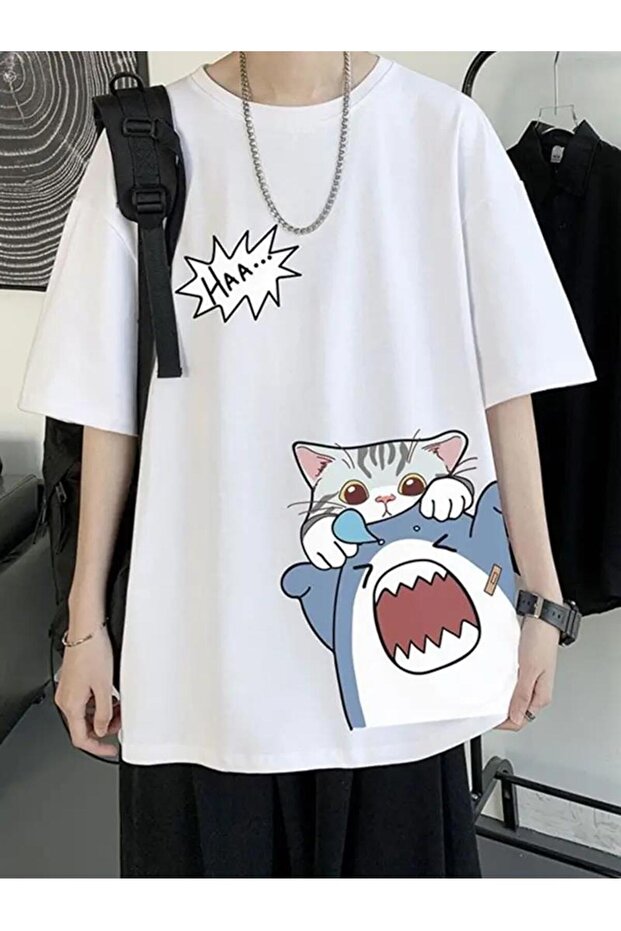 تي شيرت أبيض للجنسين من Shark & Cat