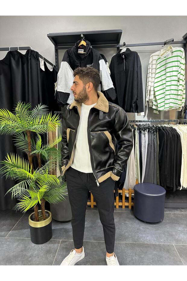 KÜRKLÜ CEP DETAYLI SİYAH  DERİ MONT - 1