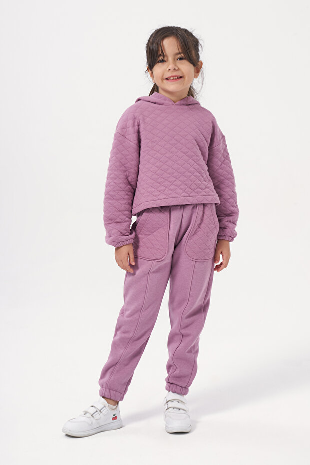 Kız Çocuk Kapşonlu Baskısız Kapitoneli Sweatshirt Eşofman Takımı - 3