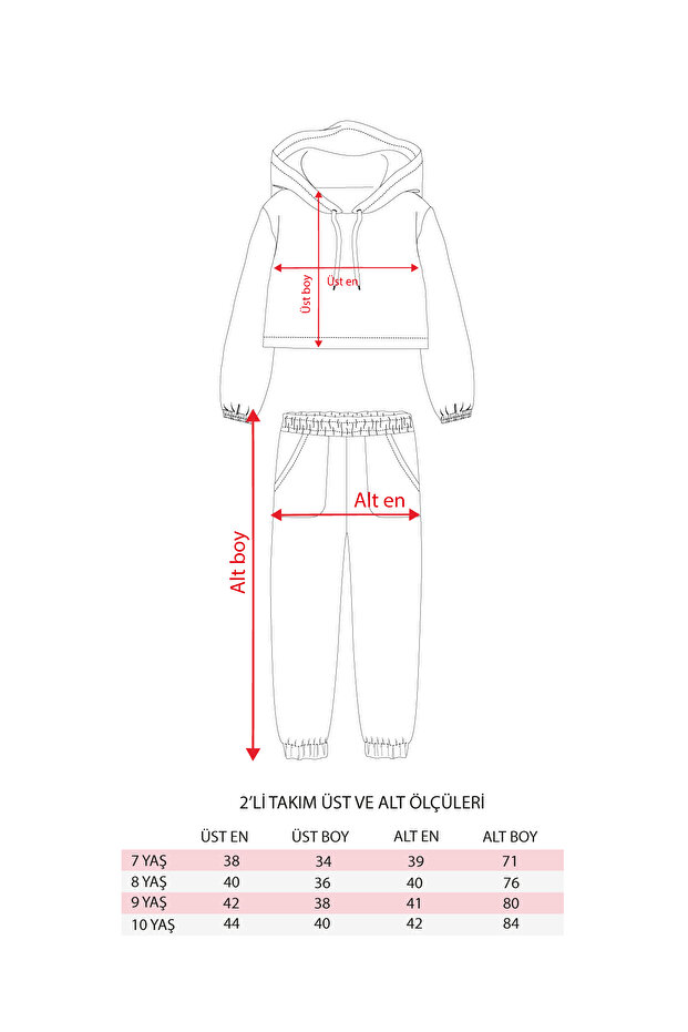 Kız Çocuk Kapşonlu Baskısız Kapitoneli Sweatshirt Eşofman Takımı - 8