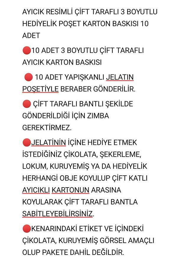 Ayıcık Şekilli 3 Boyutlu Çift Taraflı Hediyelik Karton Baskı 10 Adet 10 Adet Jelatin Poşet(BOŞ) - 5