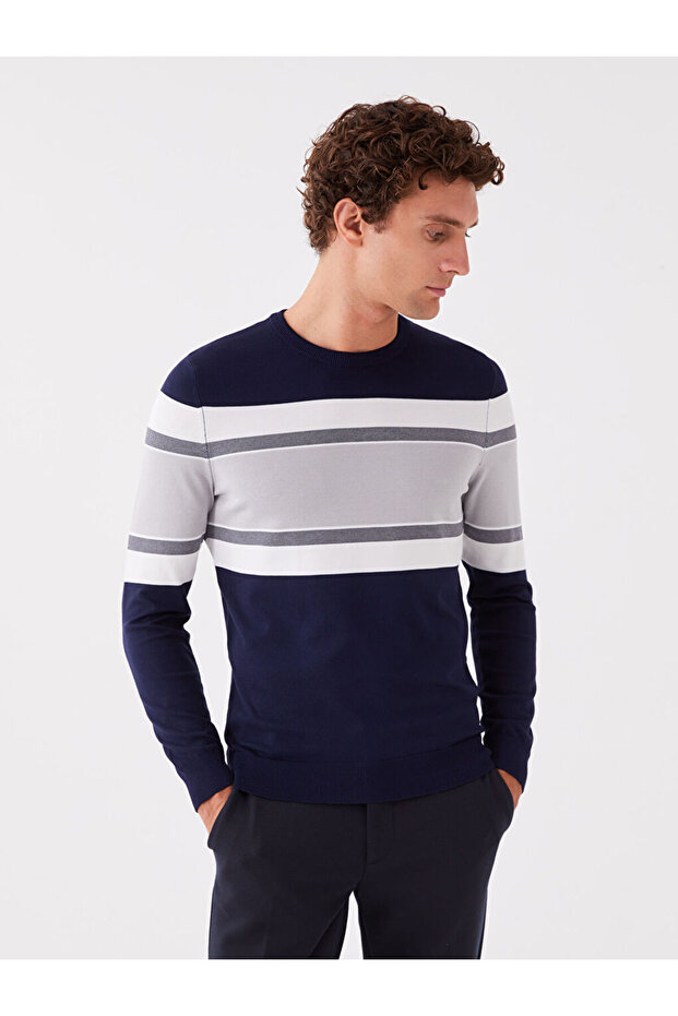 Crew Neck Long Sleeve Color Blocked Men's Knitwear Sweater