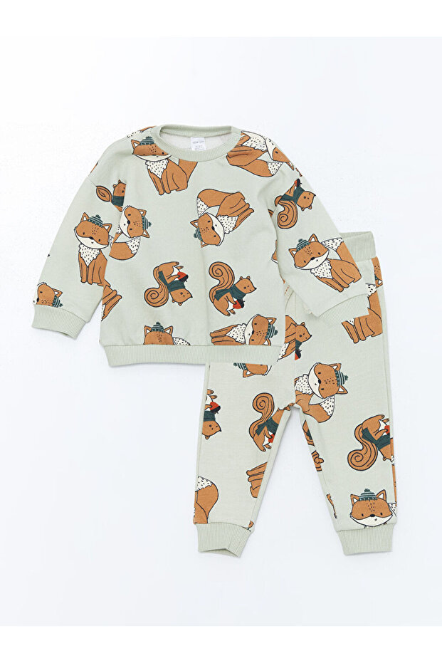 Crew Neck Long Sleeve Printed Baby Boy Sweatshirt and Trousers 2-Piece Set