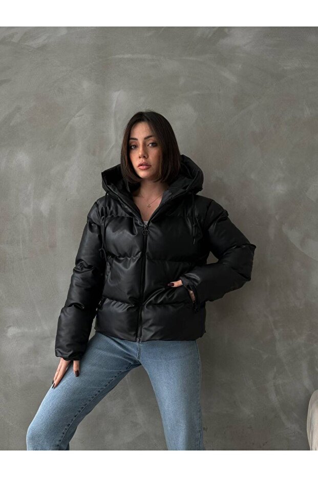Női fekete kapucnis bőrkabát - 6