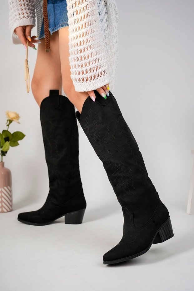 Black Suede Cowboy Style Boots with Embroidered Toe and Sides
