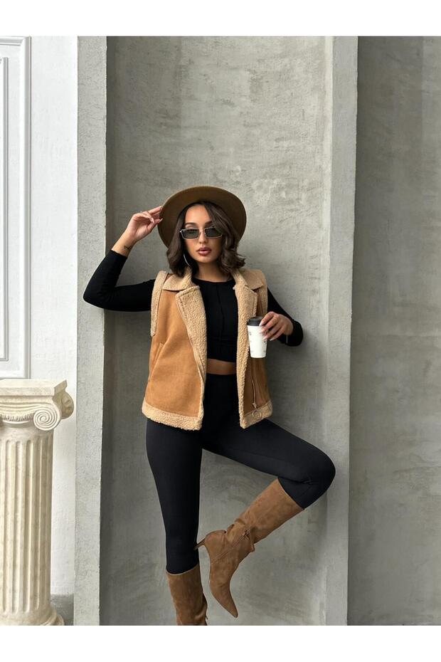 Suede Collar Sheepskin Vest with Fur Inside and Zipper