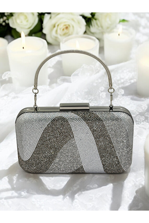 Special Design Silver Platinum Color Metal Handle Crystal Stone Evening Dress Bag Kına