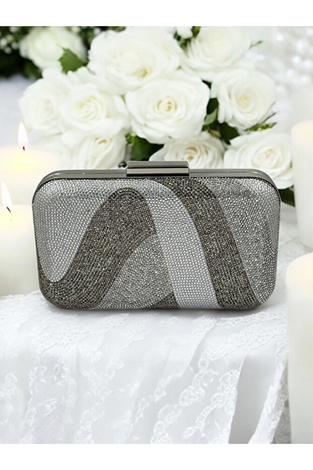 Special Design Silver Gray Lame Platinum Color Crystal Stone Evening Dress Bag Kına