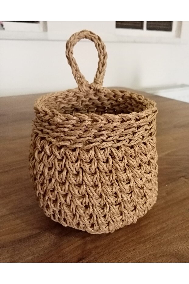 Hasır Sepet, Mini Askılı Kağıt İp Örme Sepet, 1 Adet El Örgüsü Askılı Sarımsak Fındık Sepeti - 2