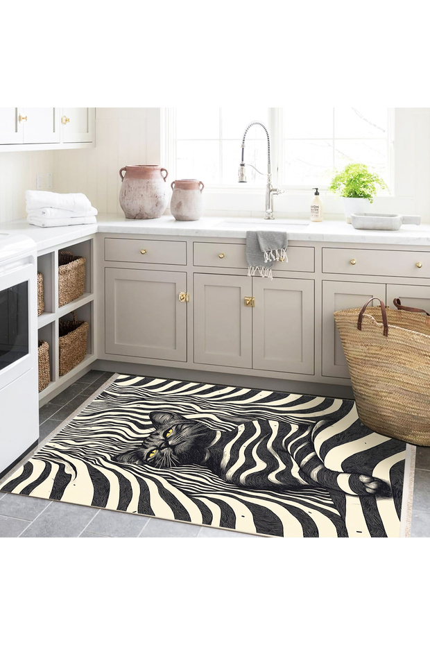 Efe Collection Zebra Stripes Detailed Noble Cat Patterned Woven Base Modern Decorative Carpet 11