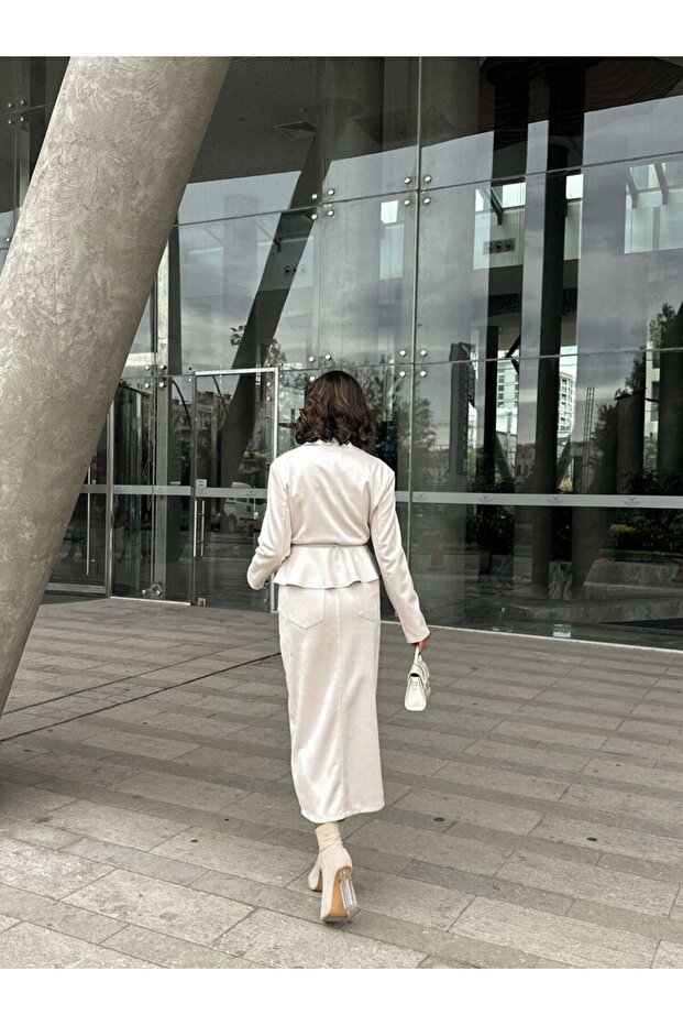 Taş Rengi Süet Yırtmaçlı Etek - 5