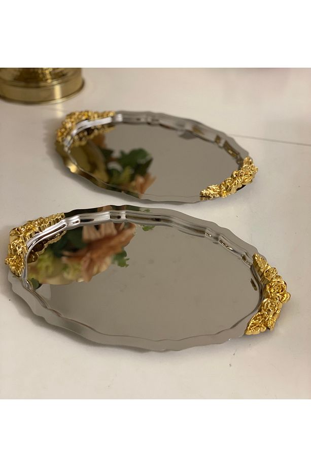 20*25 CM ÇELİK OVAL KALIN KULPLU 2 ADET SERVİS VE SUNUM TEPSİSİ - 3