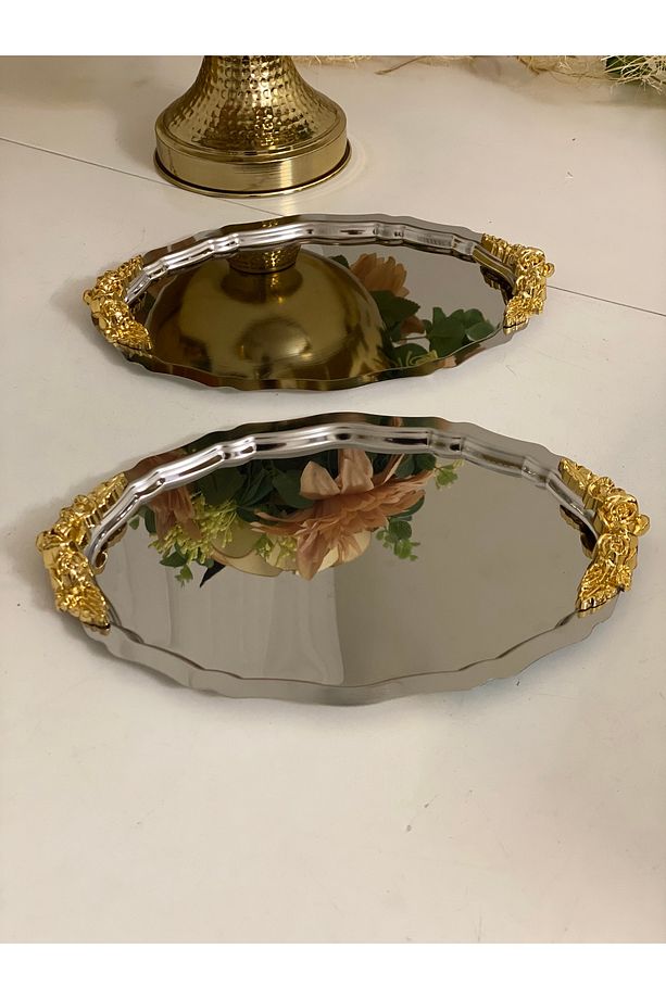 20*25 CM ÇELİK OVAL KALIN KULPLU 2 ADET SERVİS VE SUNUM TEPSİSİ - 1