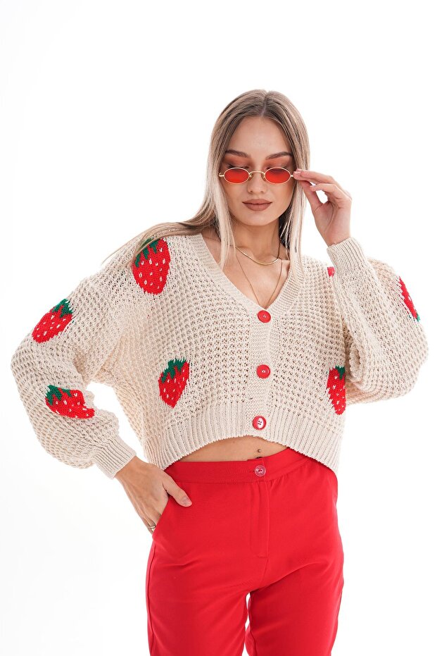 Women's Buttoned Strawberry Patterned Knitted Cardigan 260129 - 265256