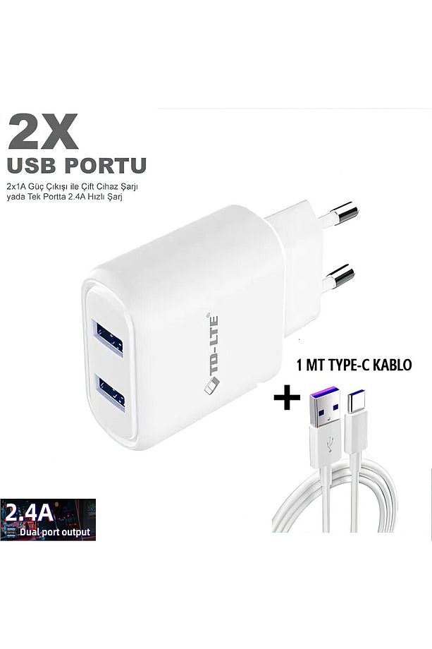 5V  2.4A ÇİFT USB ÇIKIŞLI ŞARJ ALETİ + 1MT TYPE-C ŞARJ KABLOSU - 1