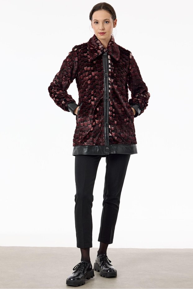 Polo collar front snap button Faux Fur Coat damson