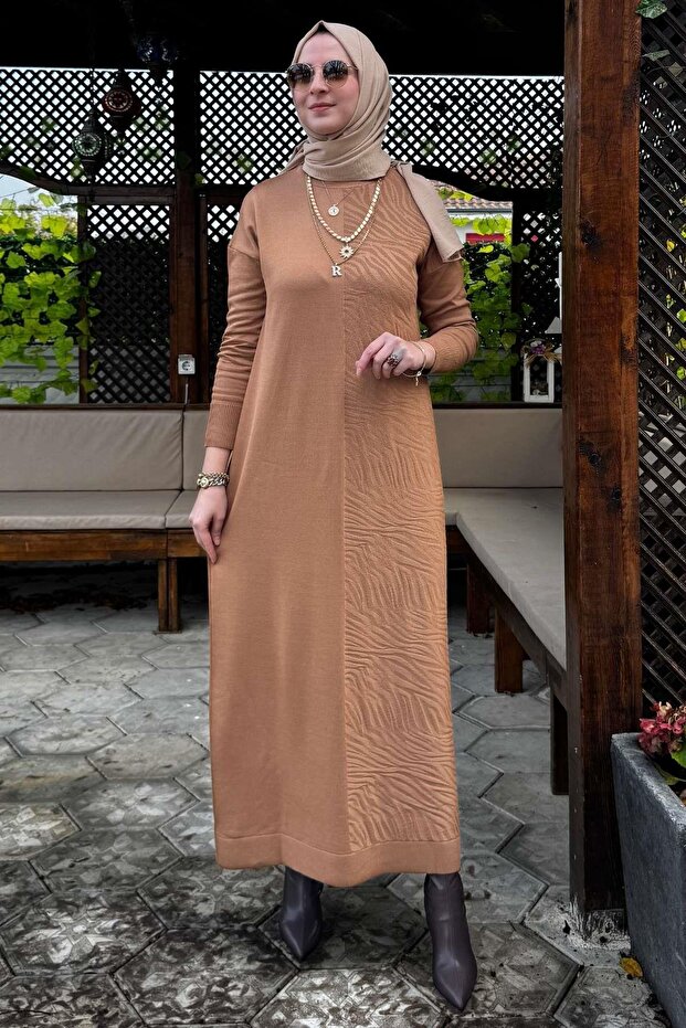 Camel Zebra Print Knitwear Dress