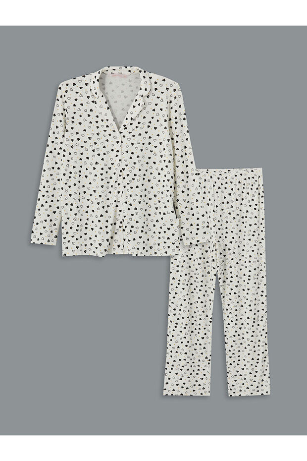 Ekru Gömlek Yaka Baskılı Hamile Pijama Takımı - 5