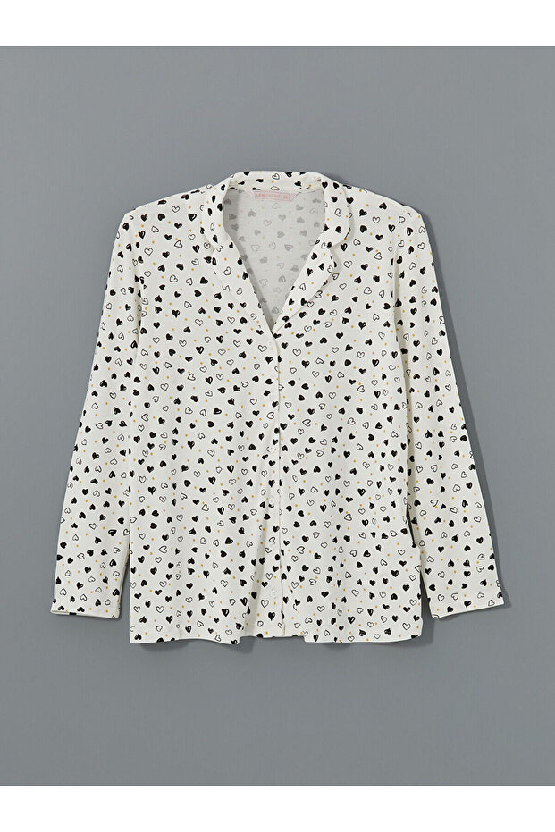 Ekru Gömlek Yaka Baskılı Hamile Pijama Takımı - 6