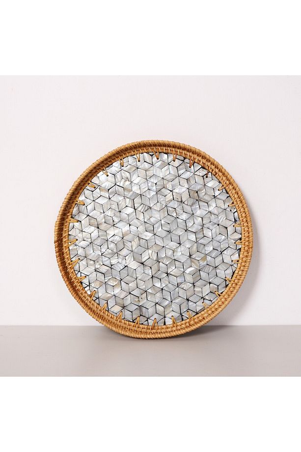 Dowa El Yapımı Sedefli Rattan Tepsi - 1