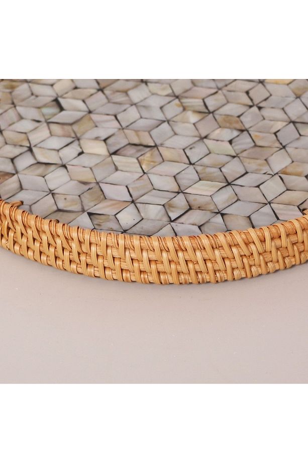 Dowa El Yapımı Sedefli Rattan Tepsi - 4