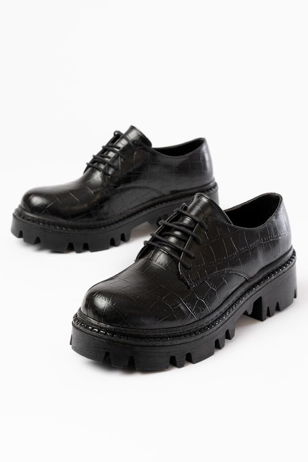 868-754 Siyah Kroko Bağcıklı Günlük Yüksek Tabanlı Loafer Ayakkabı - 5