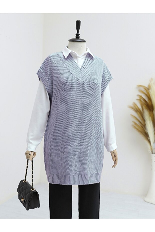 V-Neck Wide Ribbed Solid Knitted Long Sweater - Gray - 1
