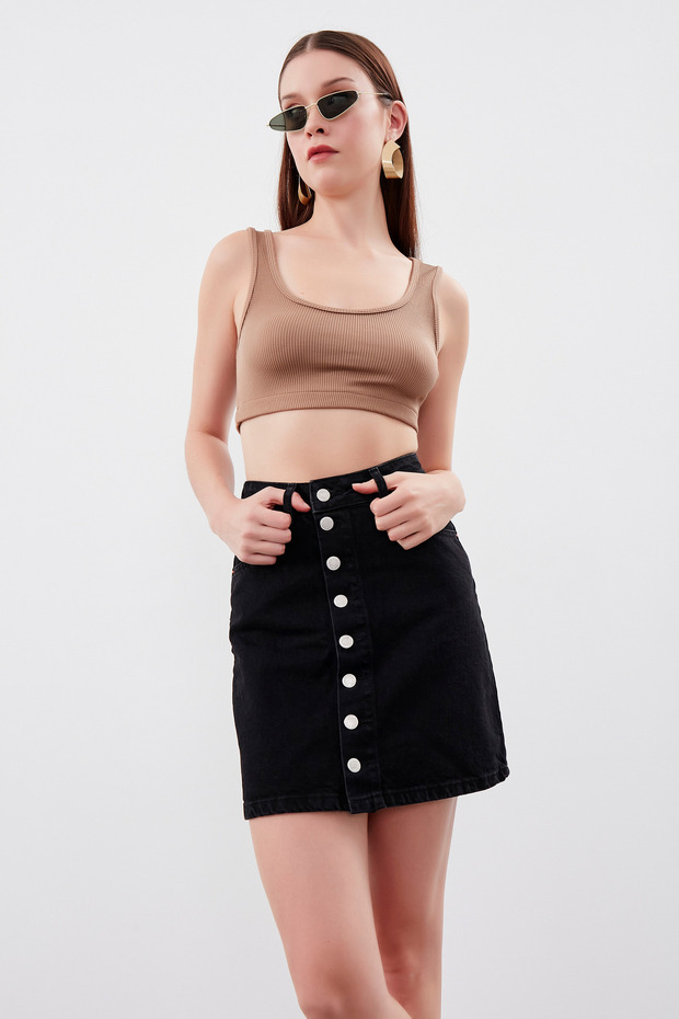 Dámská džínová sukně vpředu černá s vysokým pasem - 1