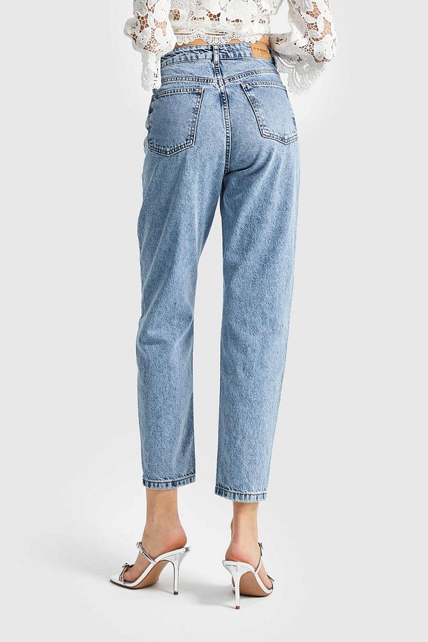Kadın Kot Rengi Önü Full İnci Detaylı Mom Fit Denim - 5