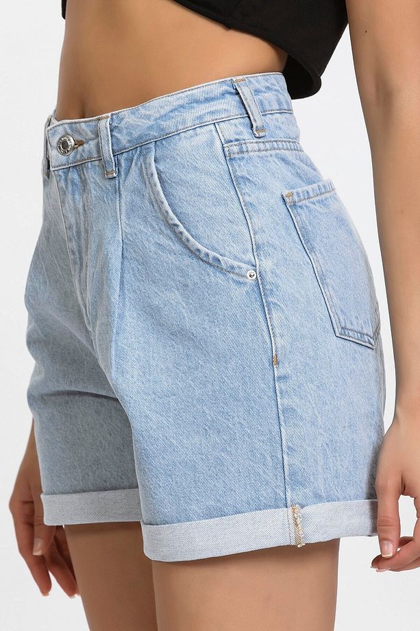 Ice Kot Önü Pileli Yüksek Bel Jean Şort - 6