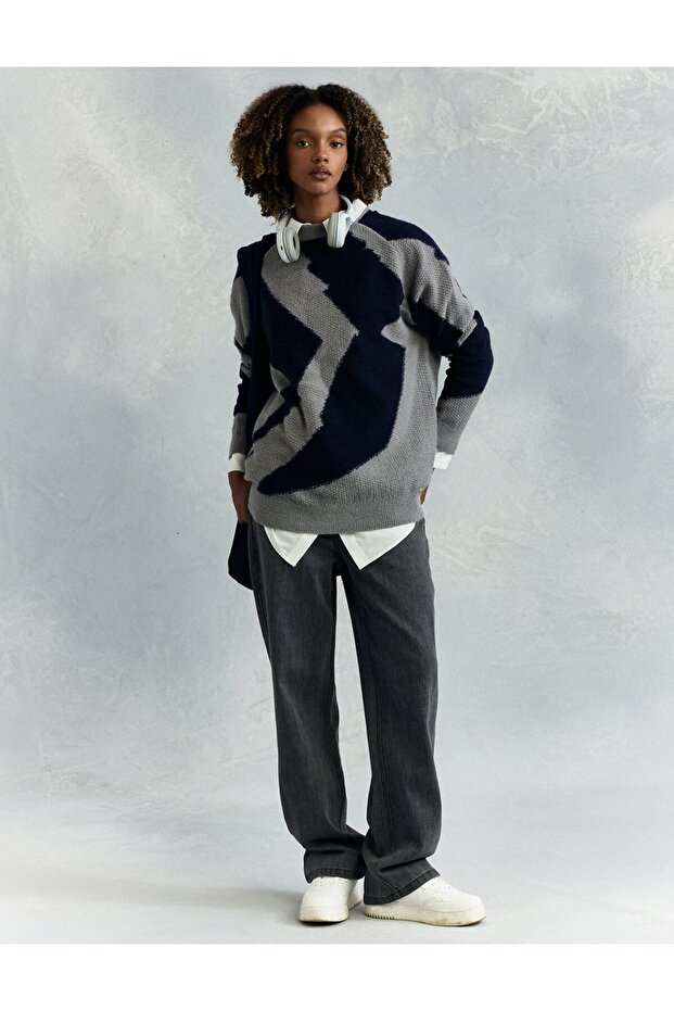 Soyut Desen Triko Tunik Gri - 7