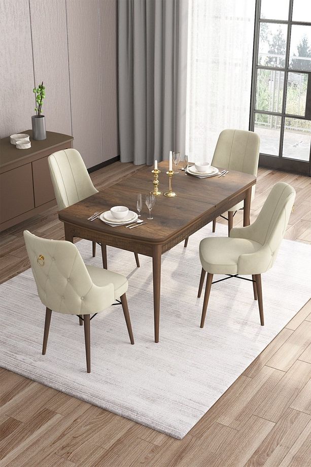 Are Serisi 80x132 Açılabilir Mdf Barok Ahşap Desenli Masa Takımı Ve 4 Krem Sandalye - 1