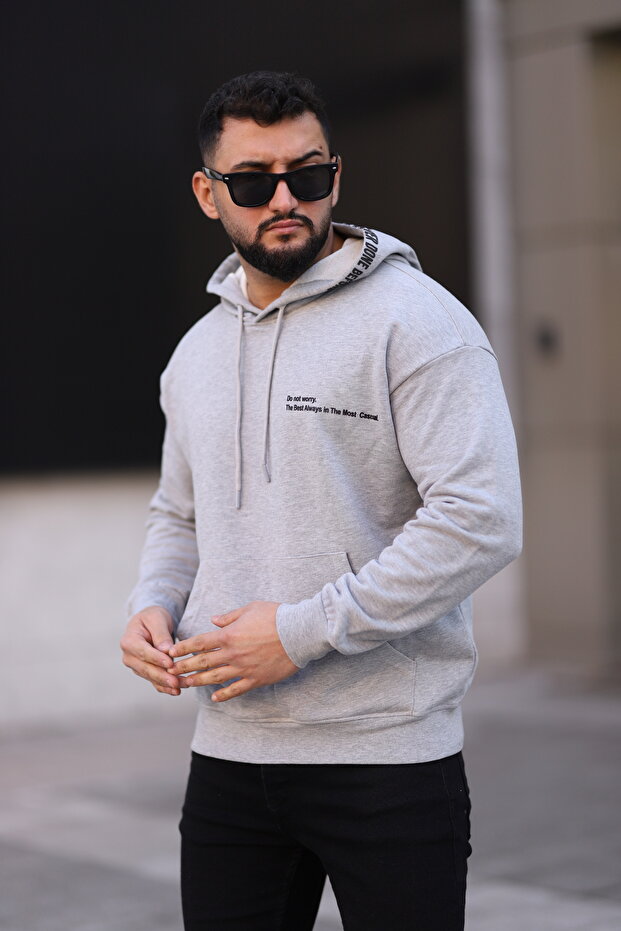 Men's Slim Fit Basic Hooded Lettered Sweatshirt Fleece