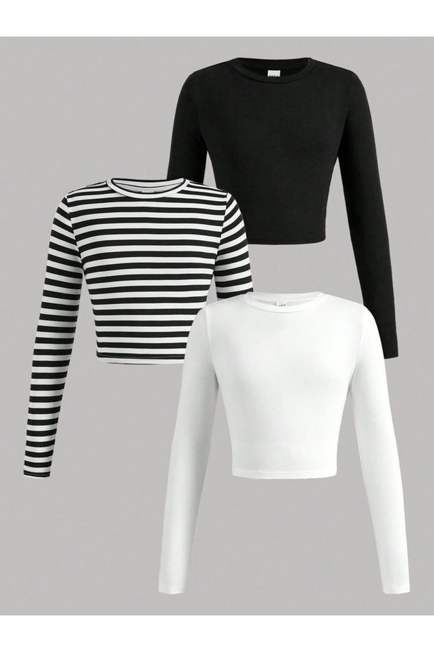 Set of 3 Women's Ribbed Knit Crew Neck Cropped Blouses