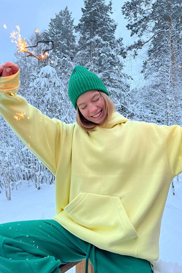 Kapüşonlu Şardonlu Oversize Sweatshirt - 1