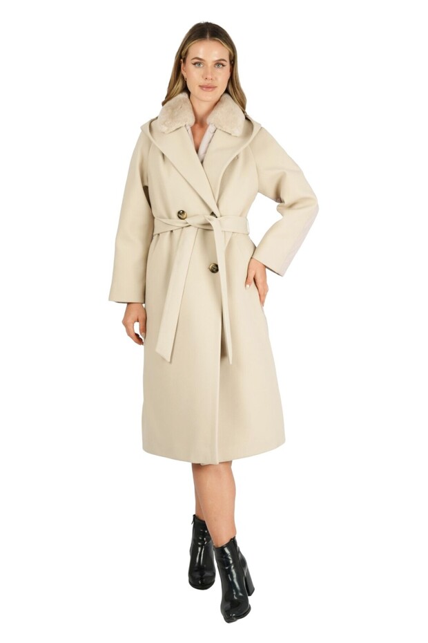 معطف مبطن - رقبة فروي، حزام خصر مربوط، زر أمامي وتفاصيل غطاء للرأس - 4463 - 1