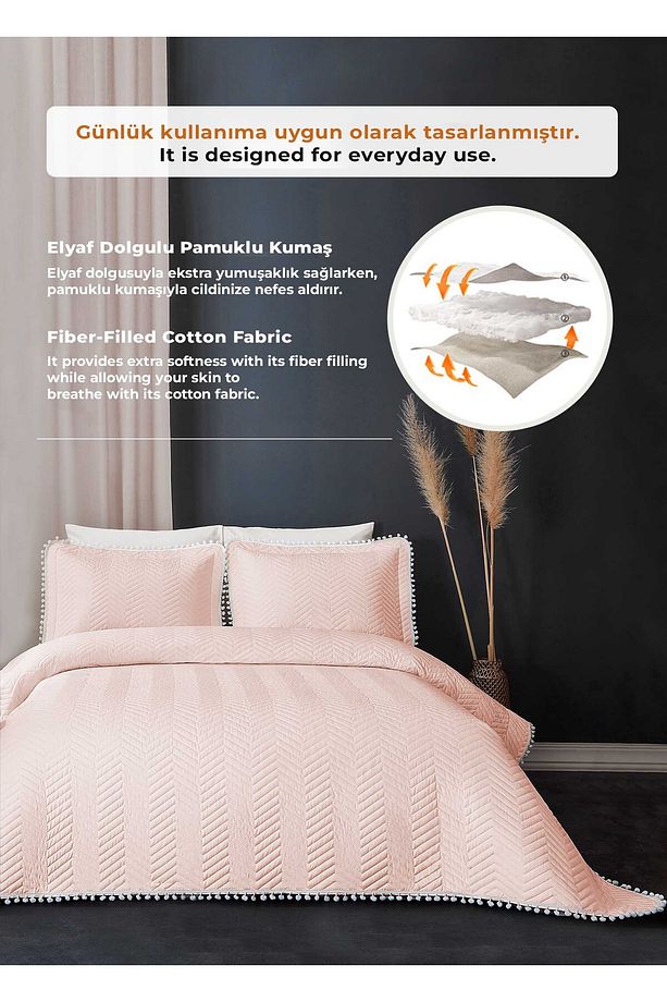 Ponponlu %100 Pamuk Tek Kişilik Yatak Örtüsü ( Pike ) Takımı Pudra - 3